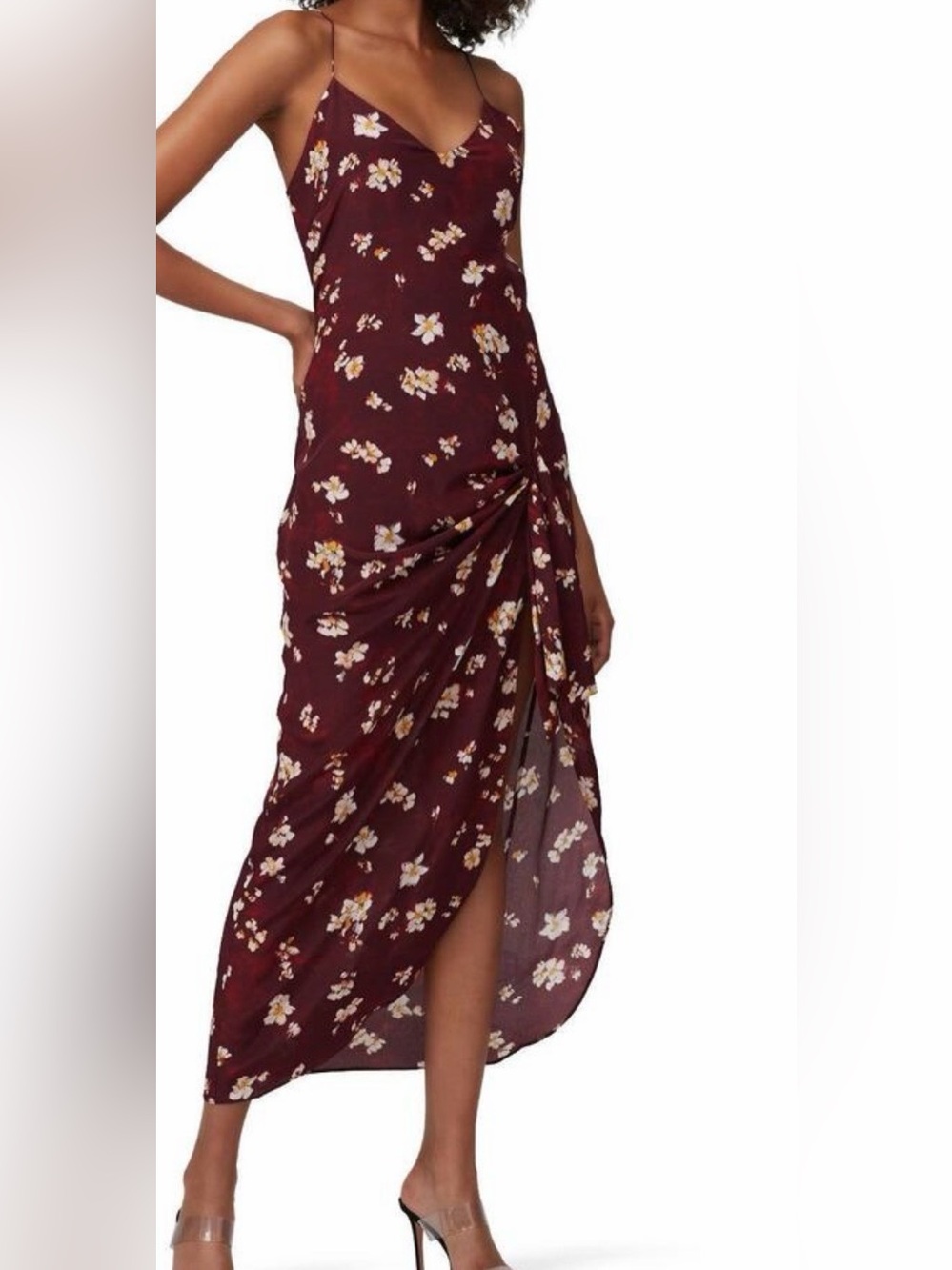 Caroline Constas Arabella Floral Silk Ruched High-Slit Slip Dress Burgundy M
